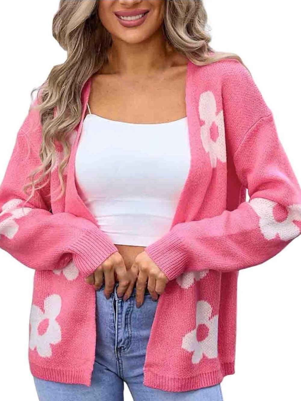 Pink Floral Open-Front Knit Cardigan Sweater